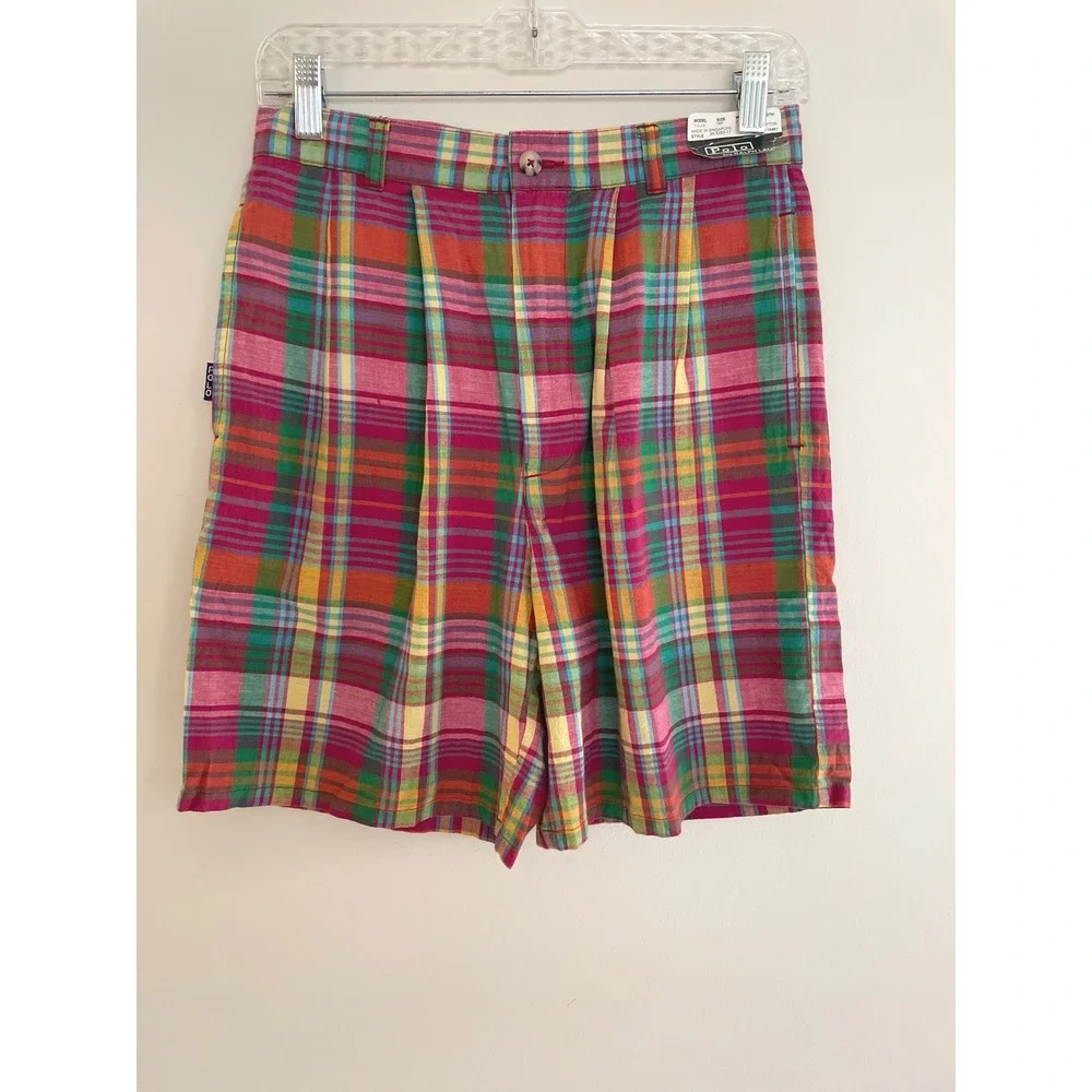 VTG Polo Ralph Lauren Tyler Madras Plaid Shorts Multi Pleated Cotton 18 Prep/29